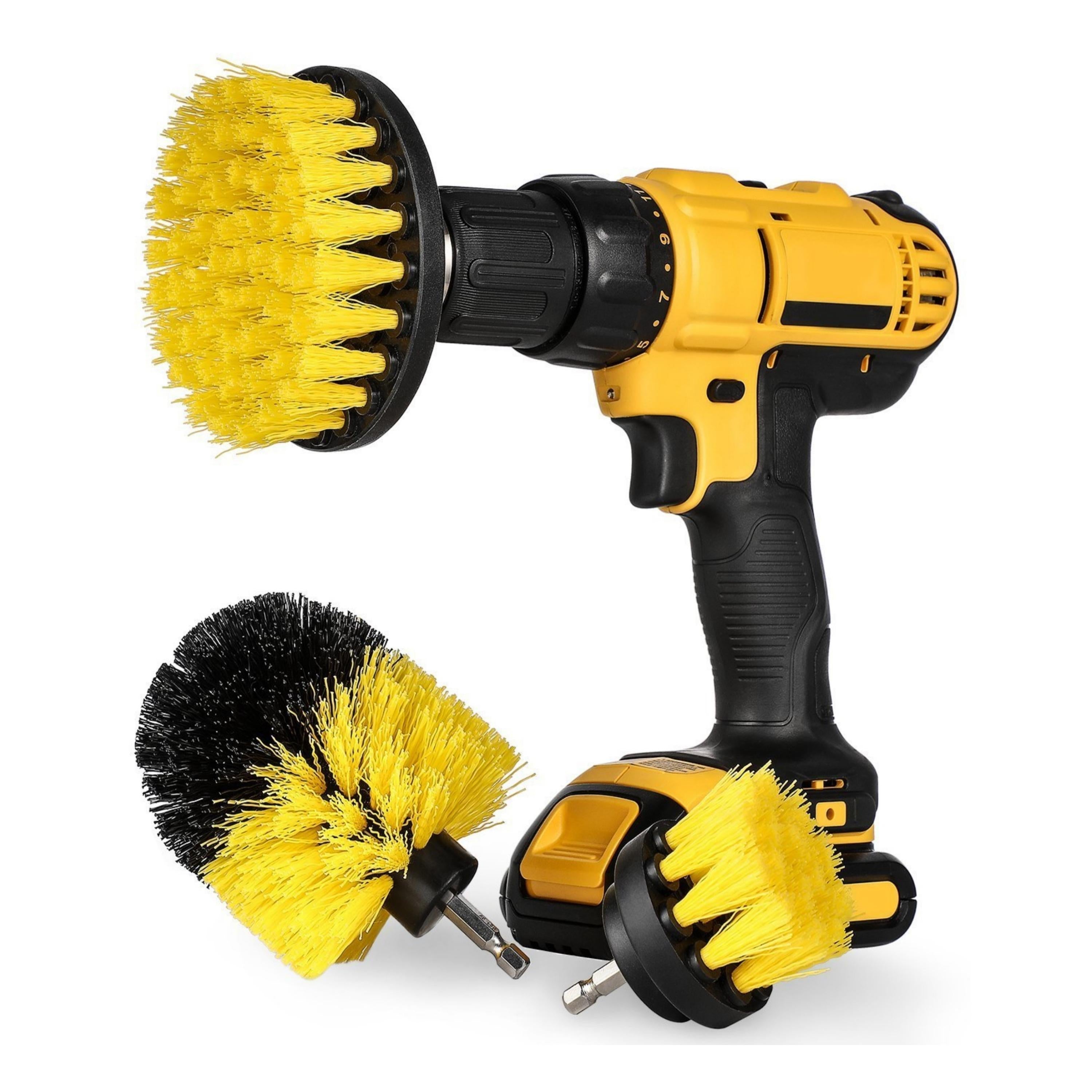 3-Piece Power Scrubber Drill Brush Set featuring medium stiffness nylon brushes in various sizes for effective cleaning without scratching surfaces.