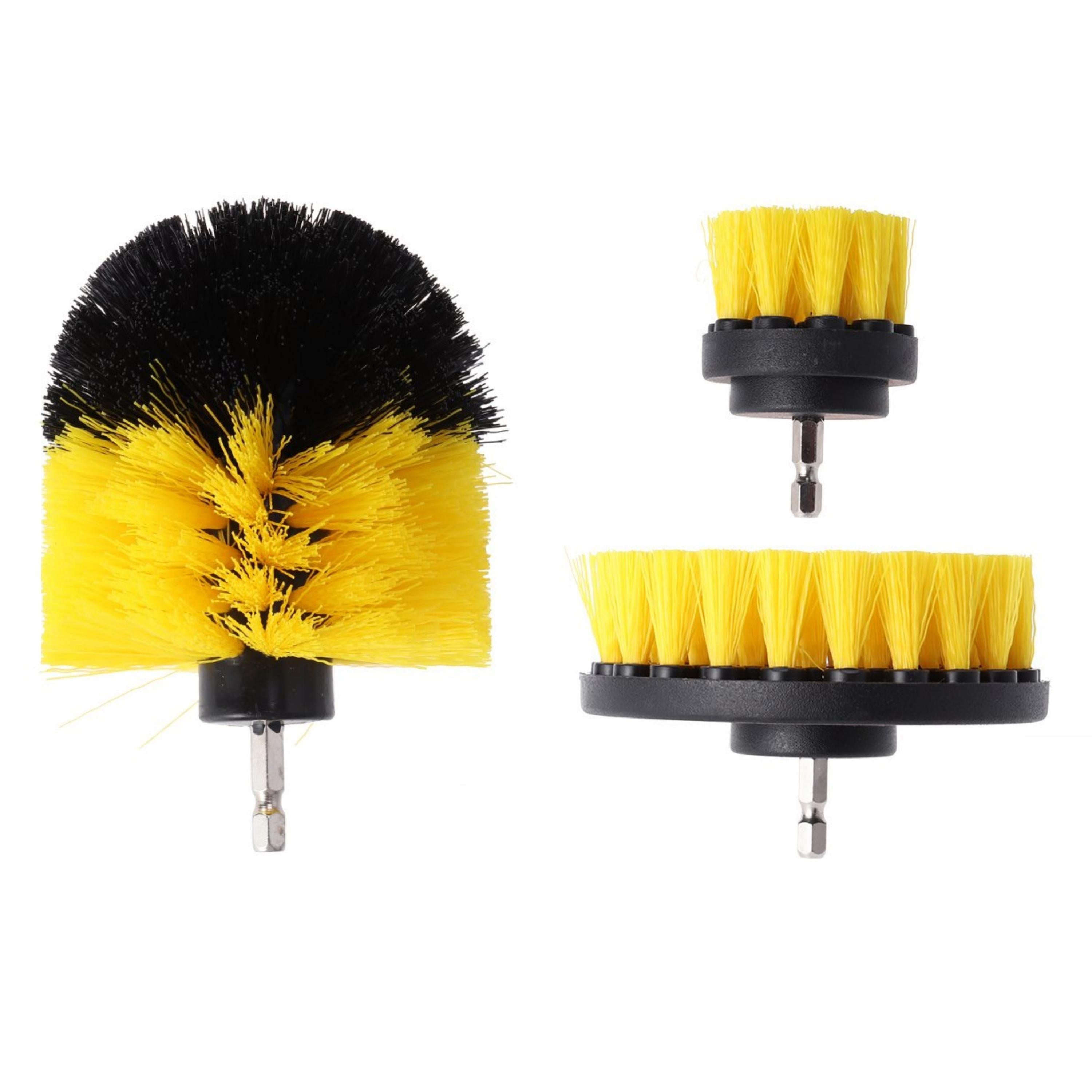 3-Piece Power Scrubber Drill Brush Set featuring medium stiffness nylon brushes in various sizes for effective cleaning without scratching surfaces.