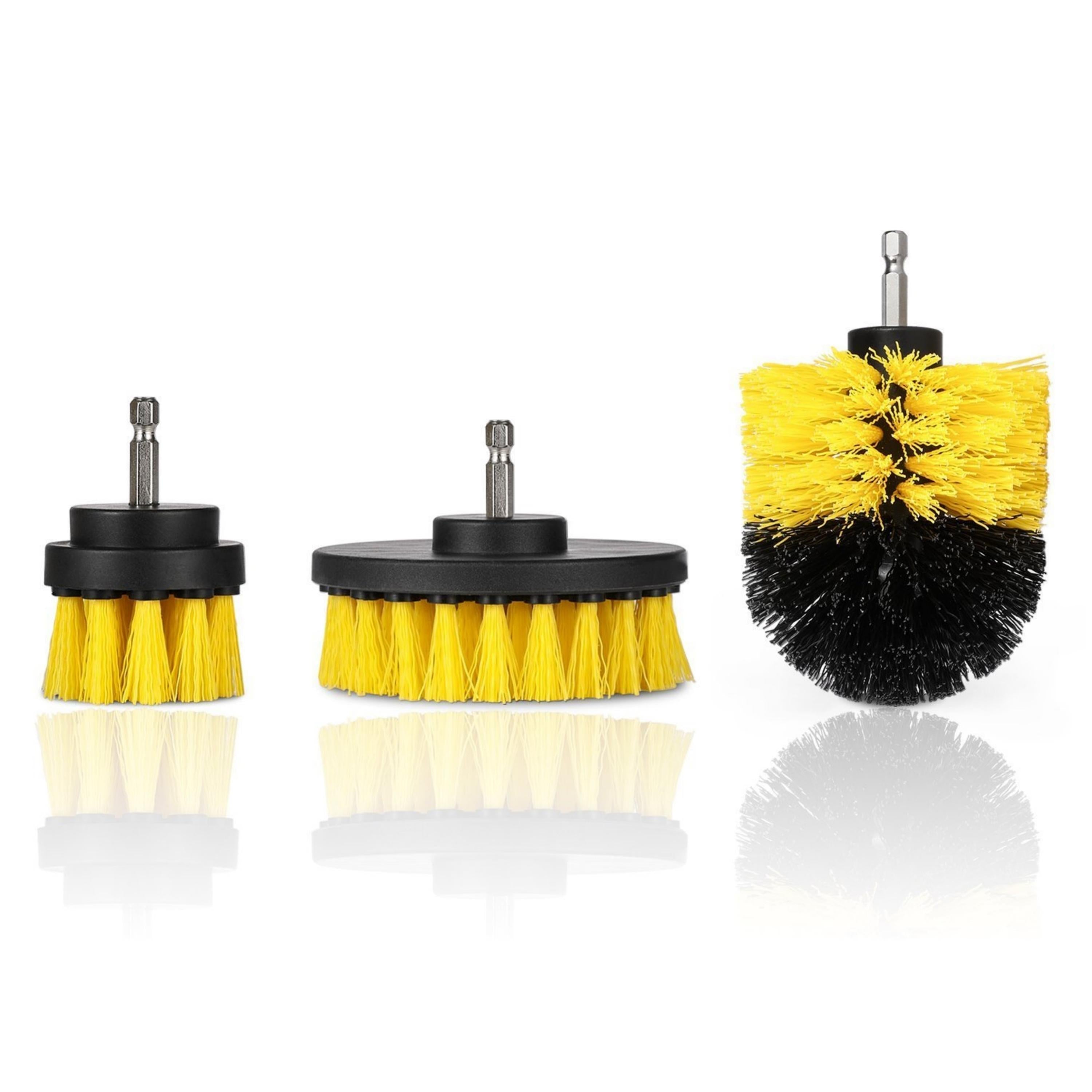 3-Piece Power Scrubber Drill Brush Set featuring medium stiffness nylon brushes in various sizes for effective cleaning without scratching surfaces.