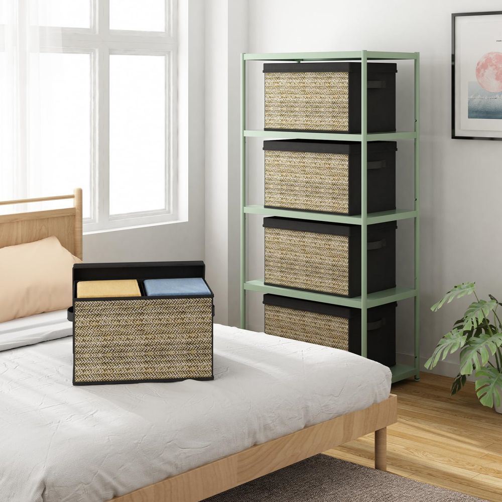 Set of four foldable fabric storage boxes with handles, ideal for organizing various items in stylish design.