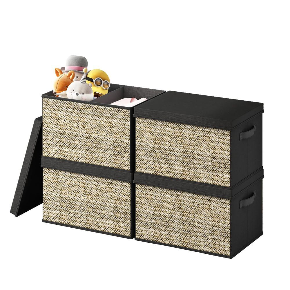 Set of four foldable fabric storage boxes with handles, ideal for organizing various items in stylish design.