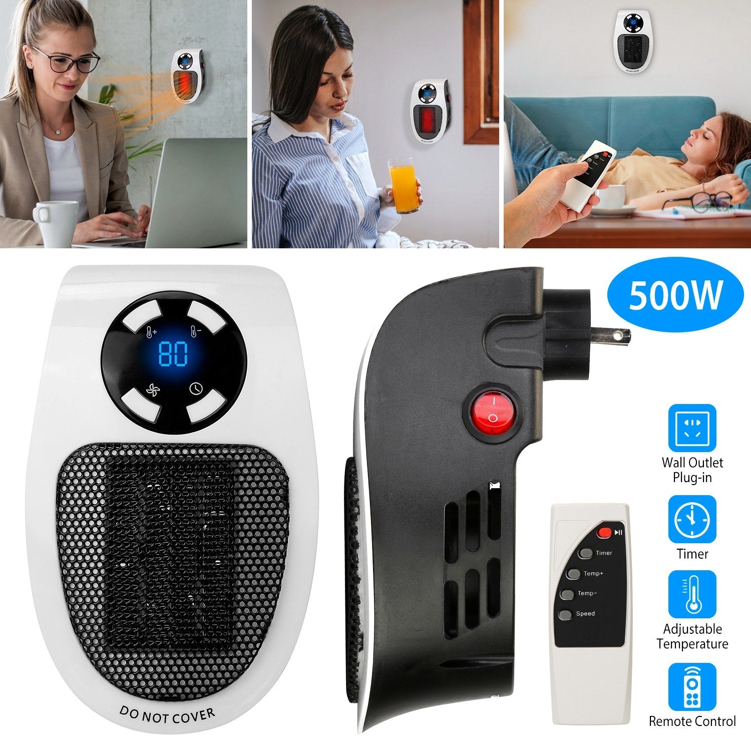 500W Portable Heater Fan with digital thermostat and remote control, designed for efficient heating in small spaces.