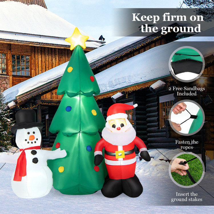 6 Feet Christmas Inflatables featuring Santa Claus, snowman, and Christmas tree with LED lights, perfect for festive decoration.