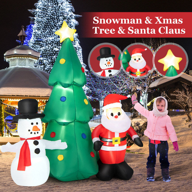 6 Feet Christmas Inflatables featuring Santa Claus, snowman, and Christmas tree with LED lights, perfect for festive decoration.