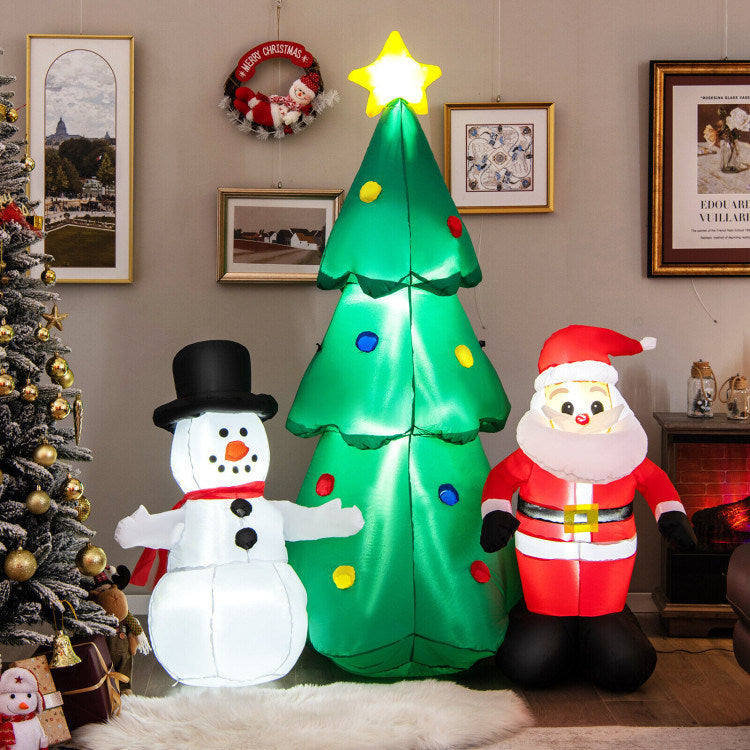 6 Feet Christmas Inflatables featuring Santa Claus, snowman, and Christmas tree with LED lights, perfect for festive decoration.