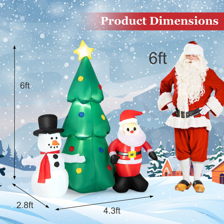 6 Feet Christmas Inflatables featuring Santa Claus, snowman, and Christmas tree with LED lights, perfect for festive decoration.