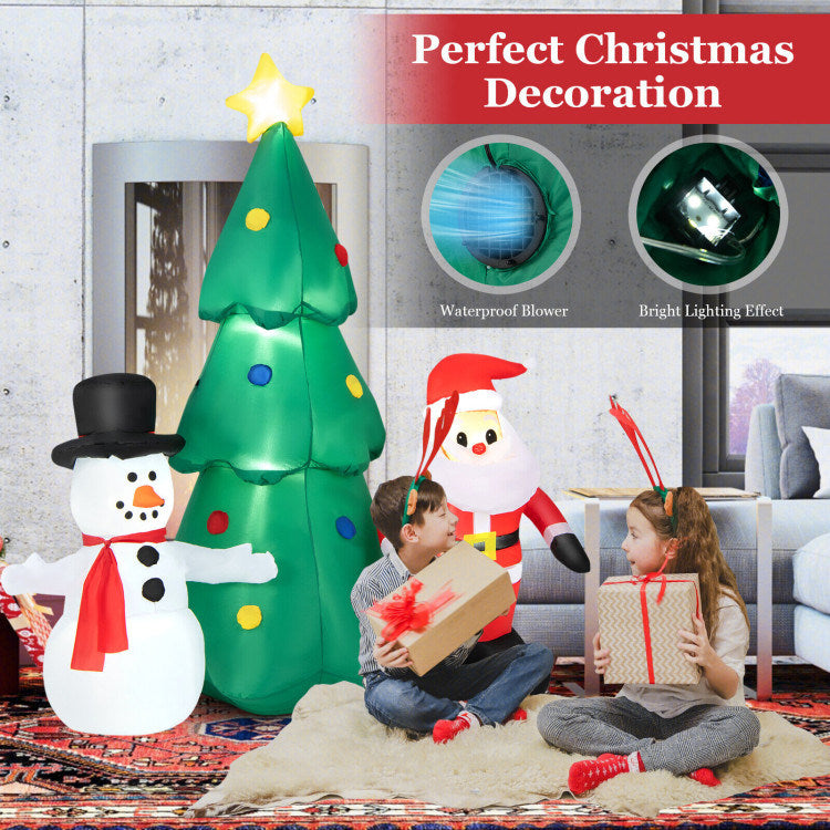 6 Feet Christmas Inflatables featuring Santa Claus, snowman, and Christmas tree with LED lights, perfect for festive decoration.