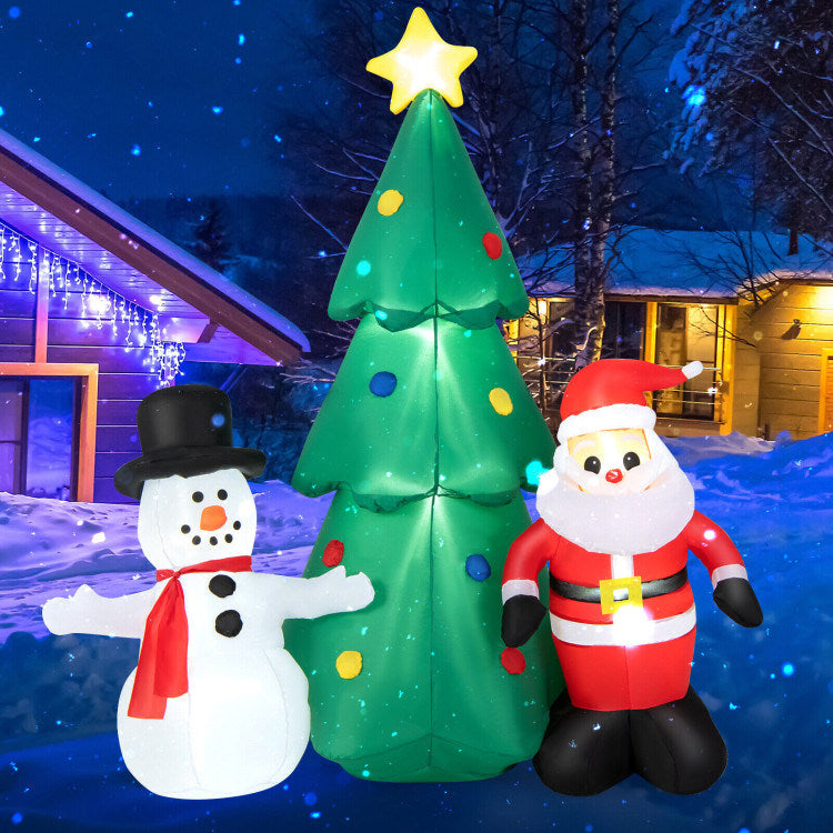 6 Feet Christmas Inflatables featuring Santa Claus, snowman, and Christmas tree with LED lights, perfect for festive decoration.