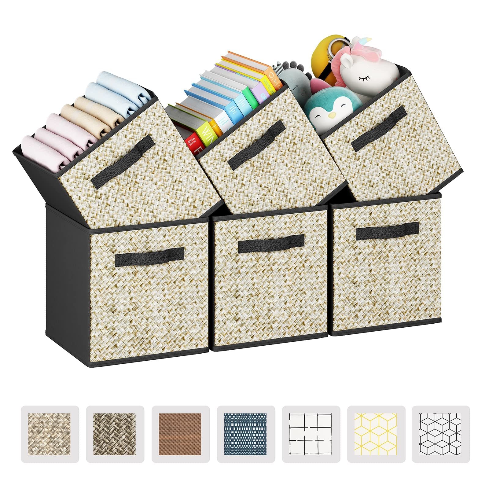 A set of six black fabric storage cubes with handles, each measuring 10.5x10.5x11 inches, neatly arranged for organization.