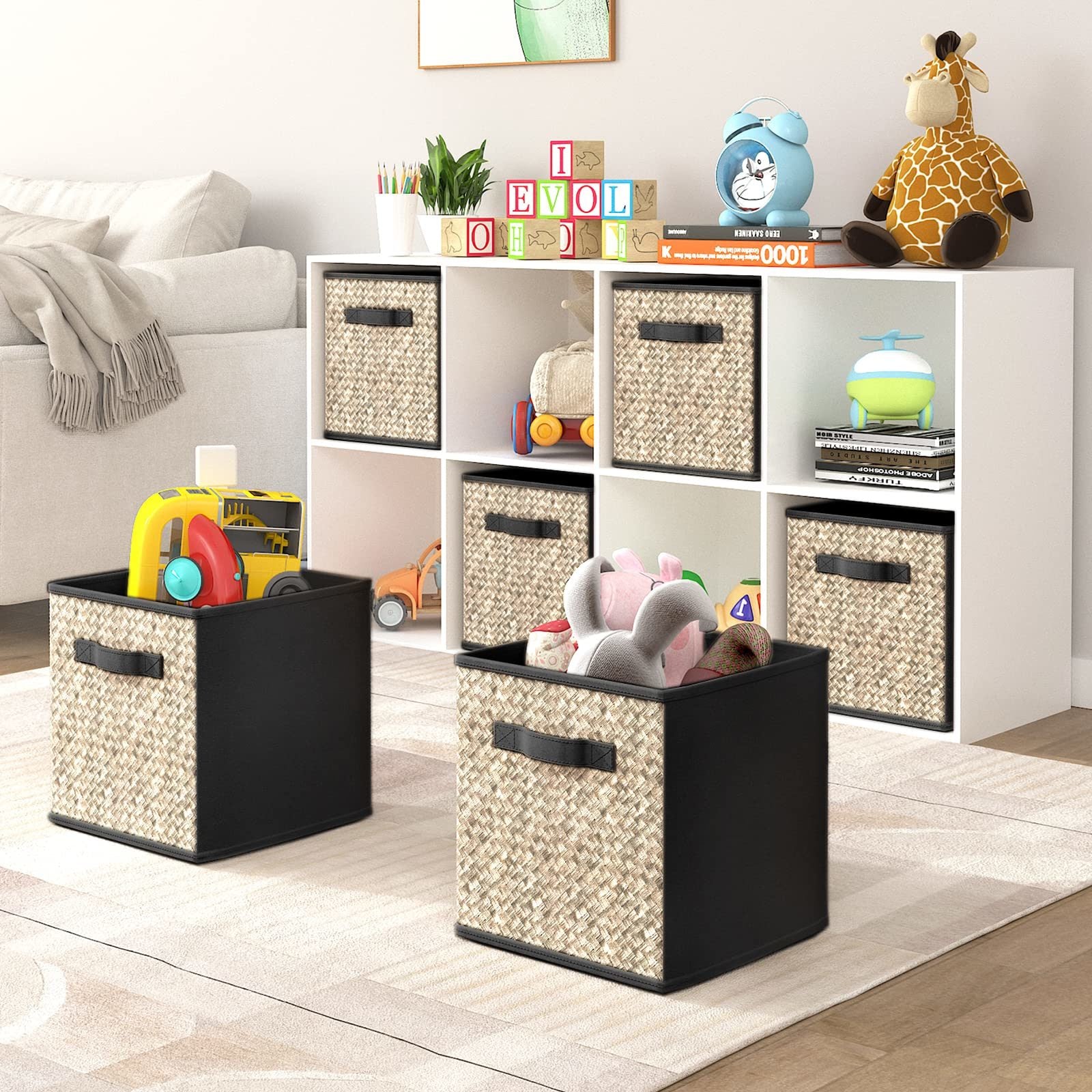 A set of six black fabric storage cubes with handles, each measuring 10.5x10.5x11 inches, neatly arranged for organization.