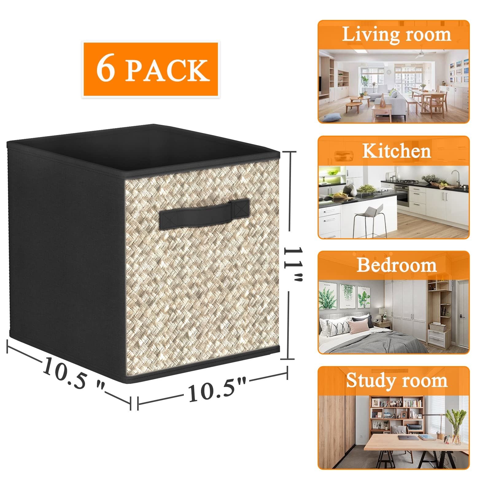 A set of six black fabric storage cubes with handles, each measuring 10.5x10.5x11 inches, neatly arranged for organization.