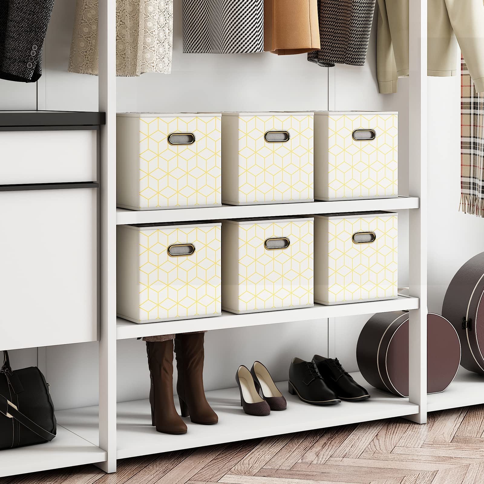 Set of 6 yellow fabric storage cubes with oval grommets, designed for versatile organization and easy storage.