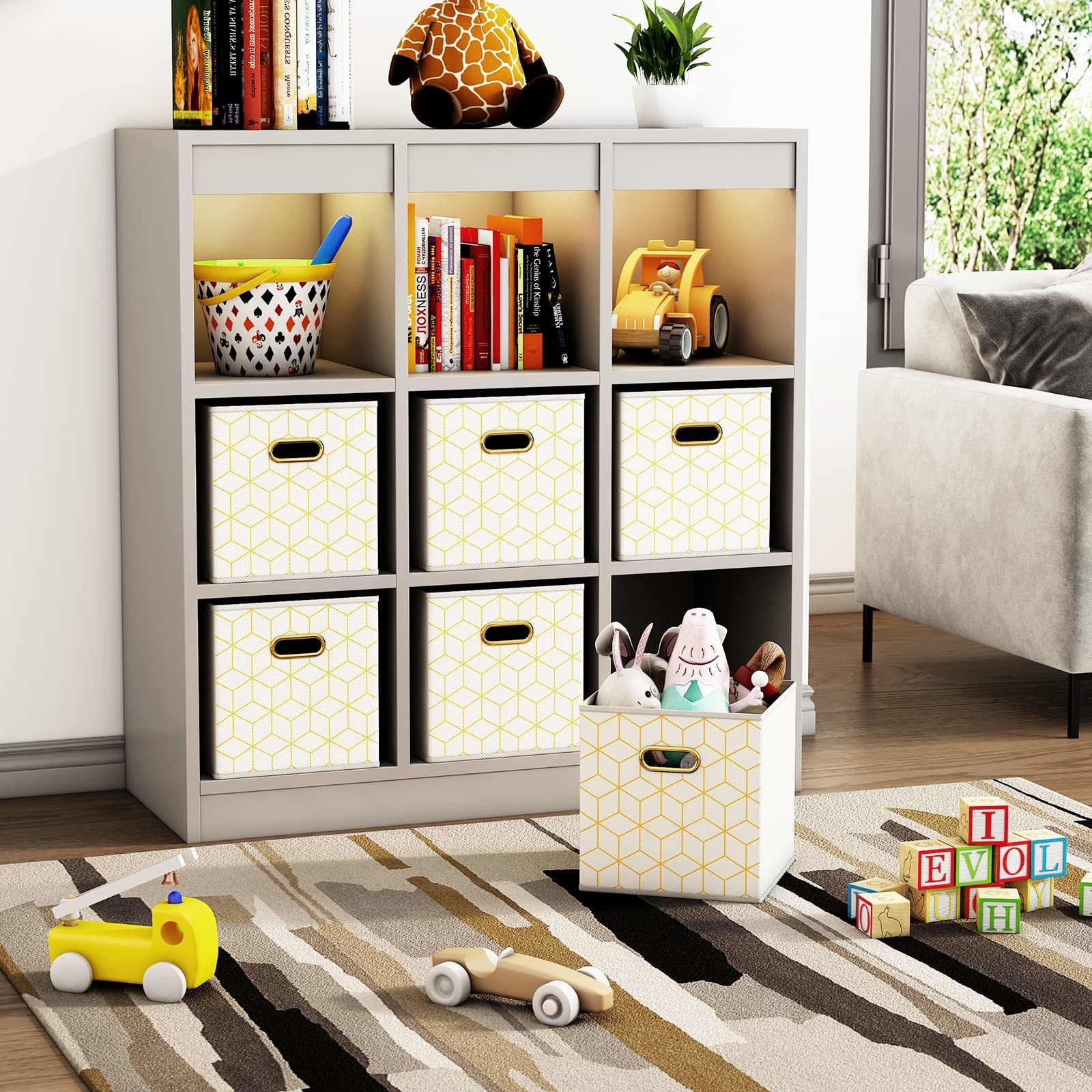 Set of 6 yellow fabric storage cubes with oval grommets, designed for versatile organization and easy storage.