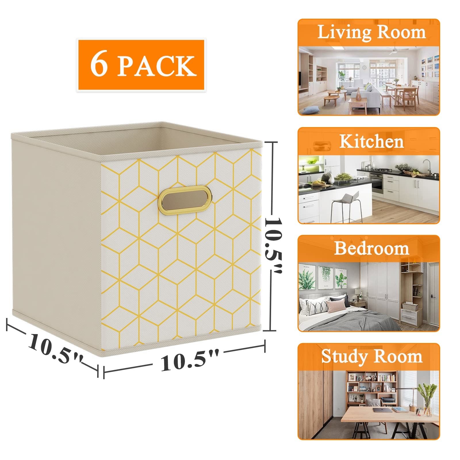 Set of 6 yellow fabric storage cubes with oval grommets, designed for versatile organization and easy storage.