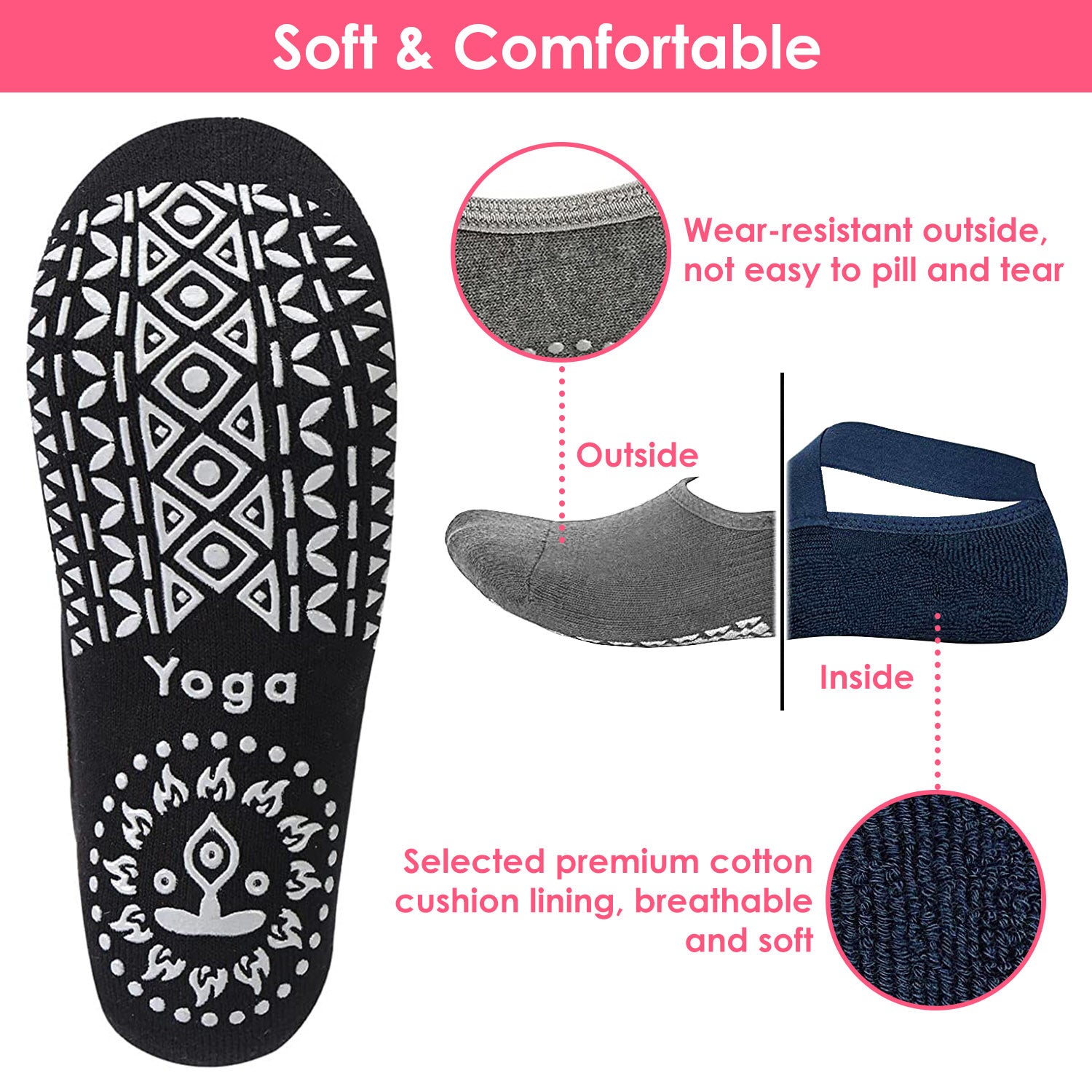 A set of 6 colorful women's yoga socks with non-slip grips and elegant cross-straps, designed for comfort and stability during workouts.