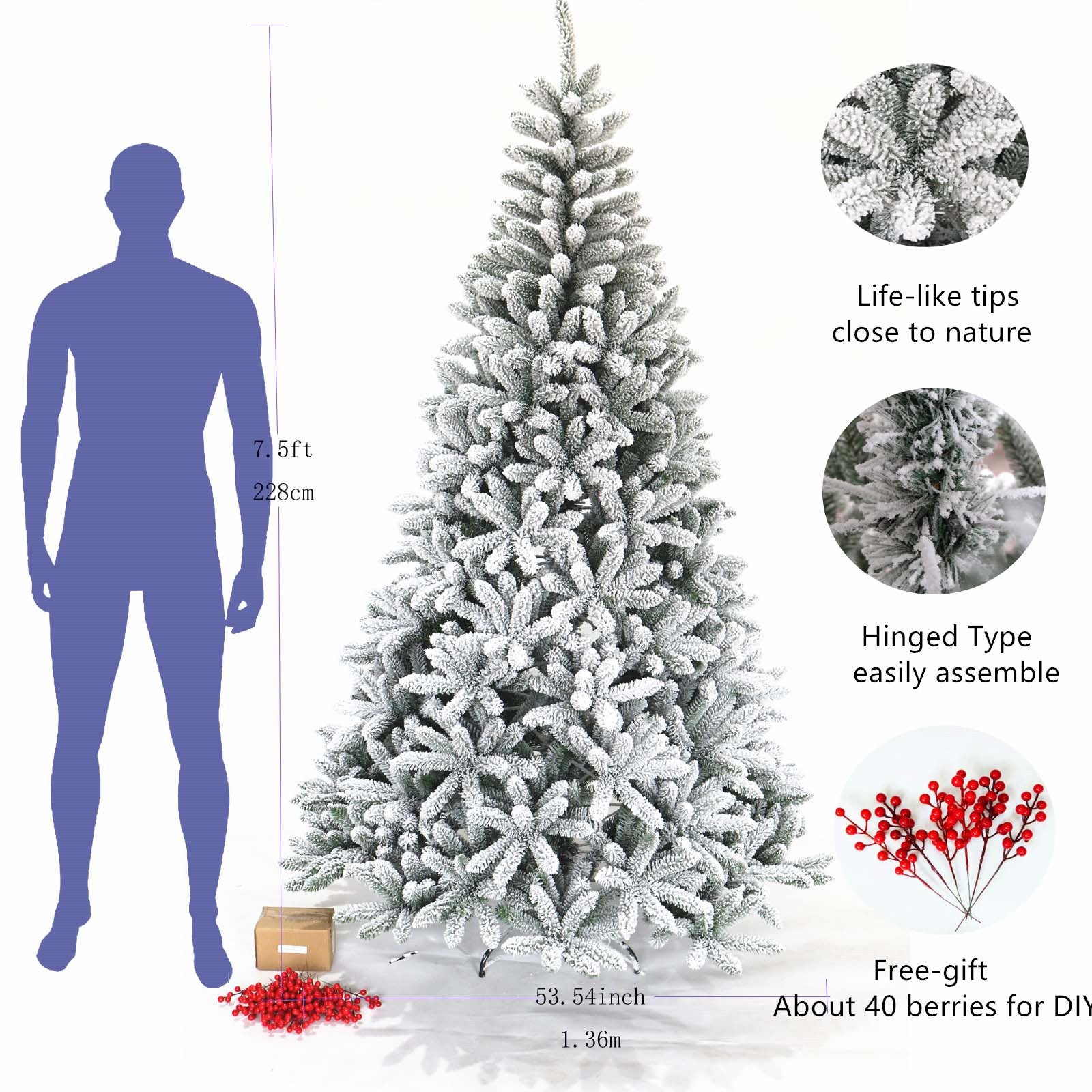 A beautifully flocked 7.5ft Christmas tree with 1500 tips, featuring a sturdy foldable metal stand, perfect for holiday decorations.