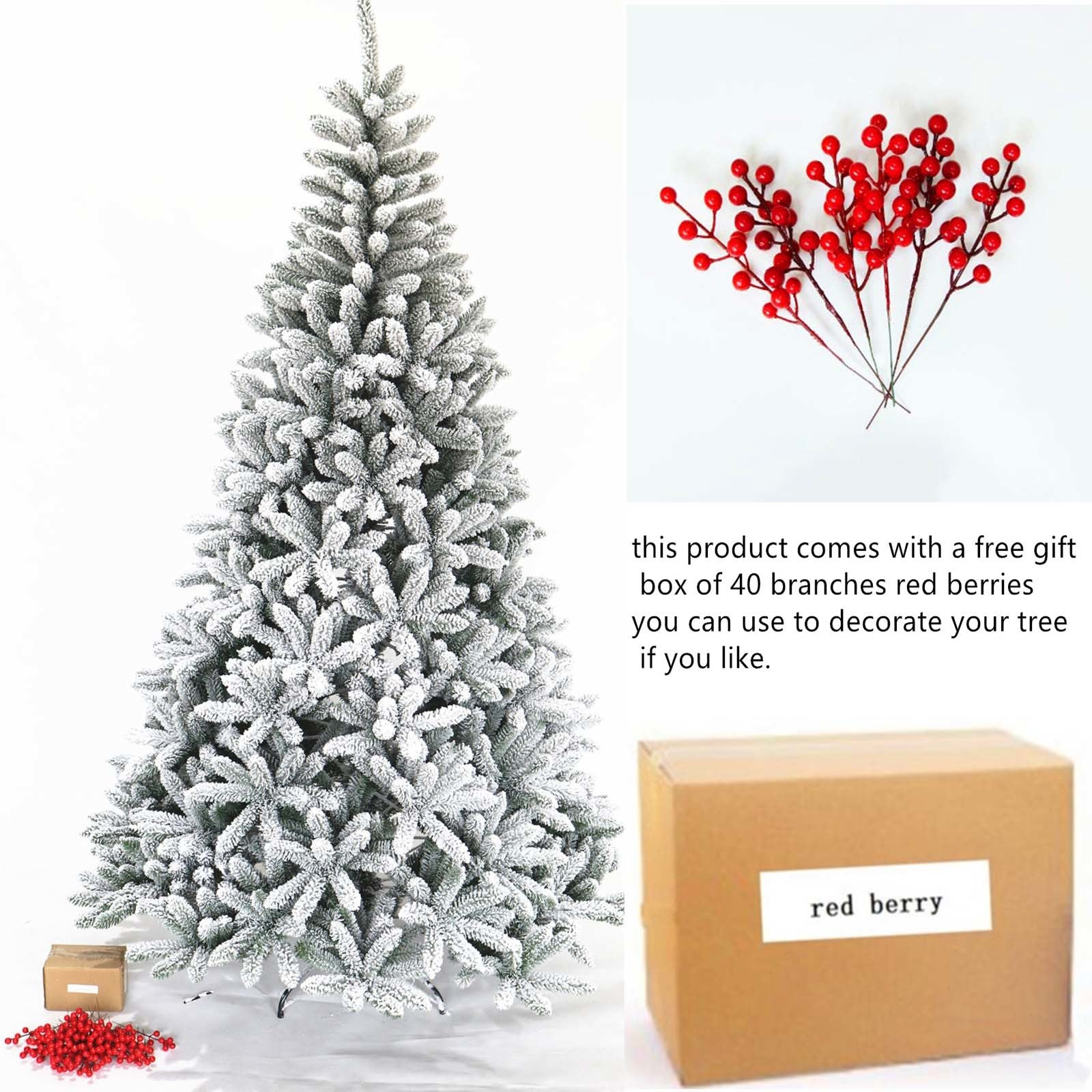 A beautifully flocked 7.5ft Christmas tree with 1500 tips, featuring a sturdy foldable metal stand, perfect for holiday decorations.