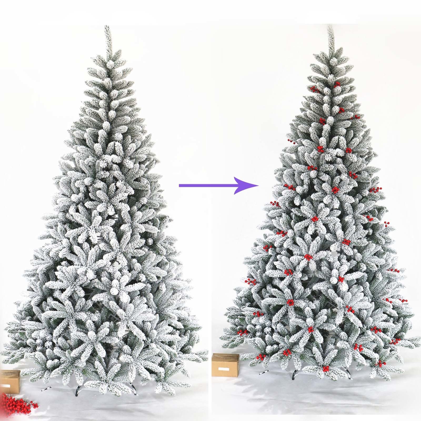 A beautifully flocked 7.5ft Christmas tree with 1500 tips, featuring a sturdy foldable metal stand, perfect for holiday decorations.