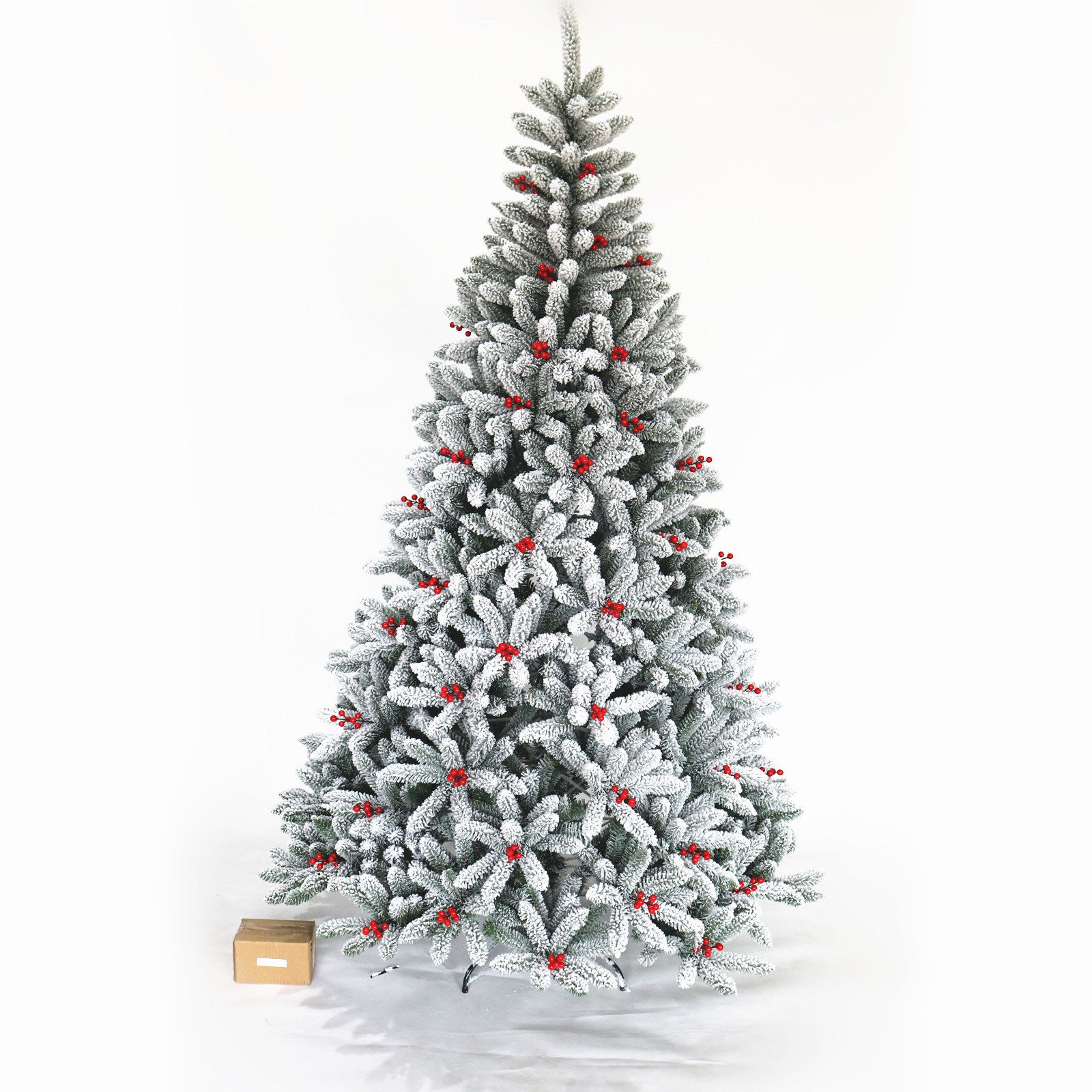 A beautifully flocked 7.5ft Christmas tree with 1500 tips, featuring a sturdy foldable metal stand, perfect for holiday decorations.