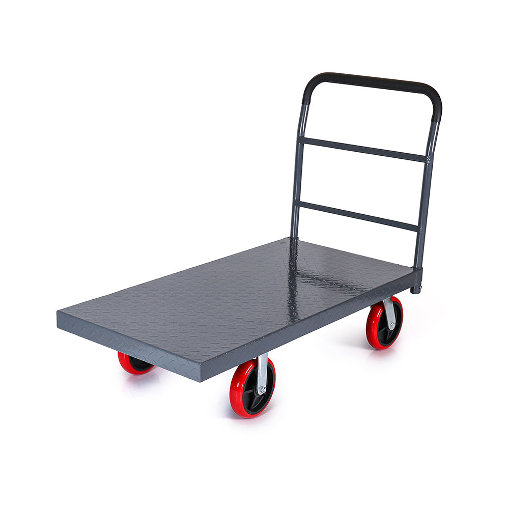 BOONE Diamond Plate Flatbed Platform Cart with a sturdy steel frame, diamond-textured surface, and ergonomic handle, designed for heavy-duty transportation.