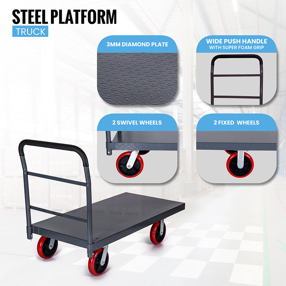 BOONE Diamond Plate Flatbed Platform Cart with a sturdy steel frame, diamond-textured surface, and ergonomic handle, designed for heavy-duty transportation.