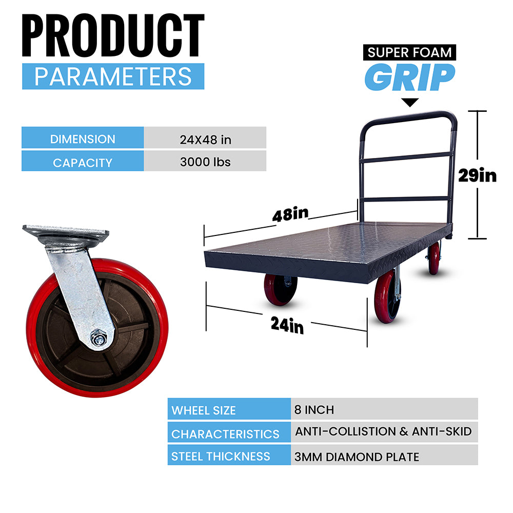 BOONE Diamond Plate Flatbed Platform Cart with a sturdy steel frame, diamond-textured surface, and ergonomic handle, designed for heavy-duty transportation.