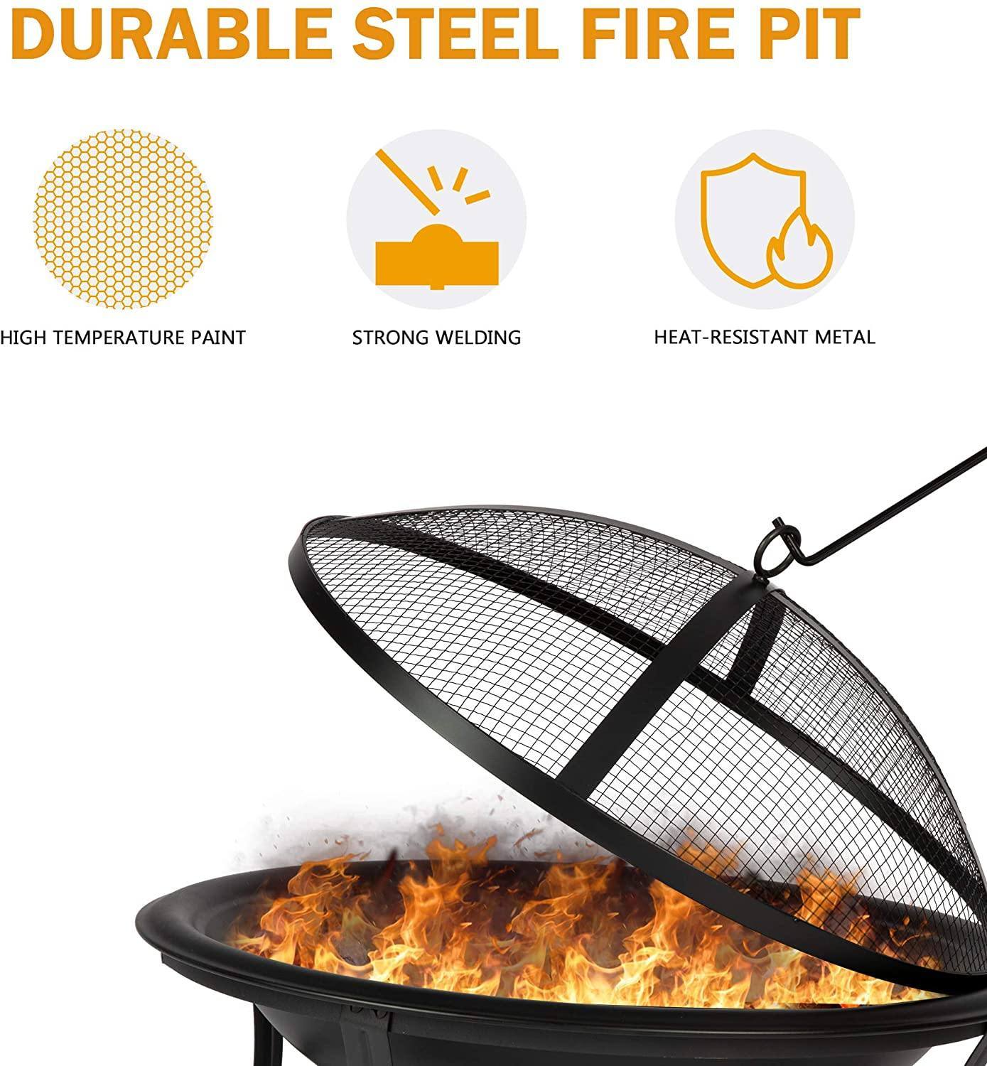 Steel fire pit with mesh cover.