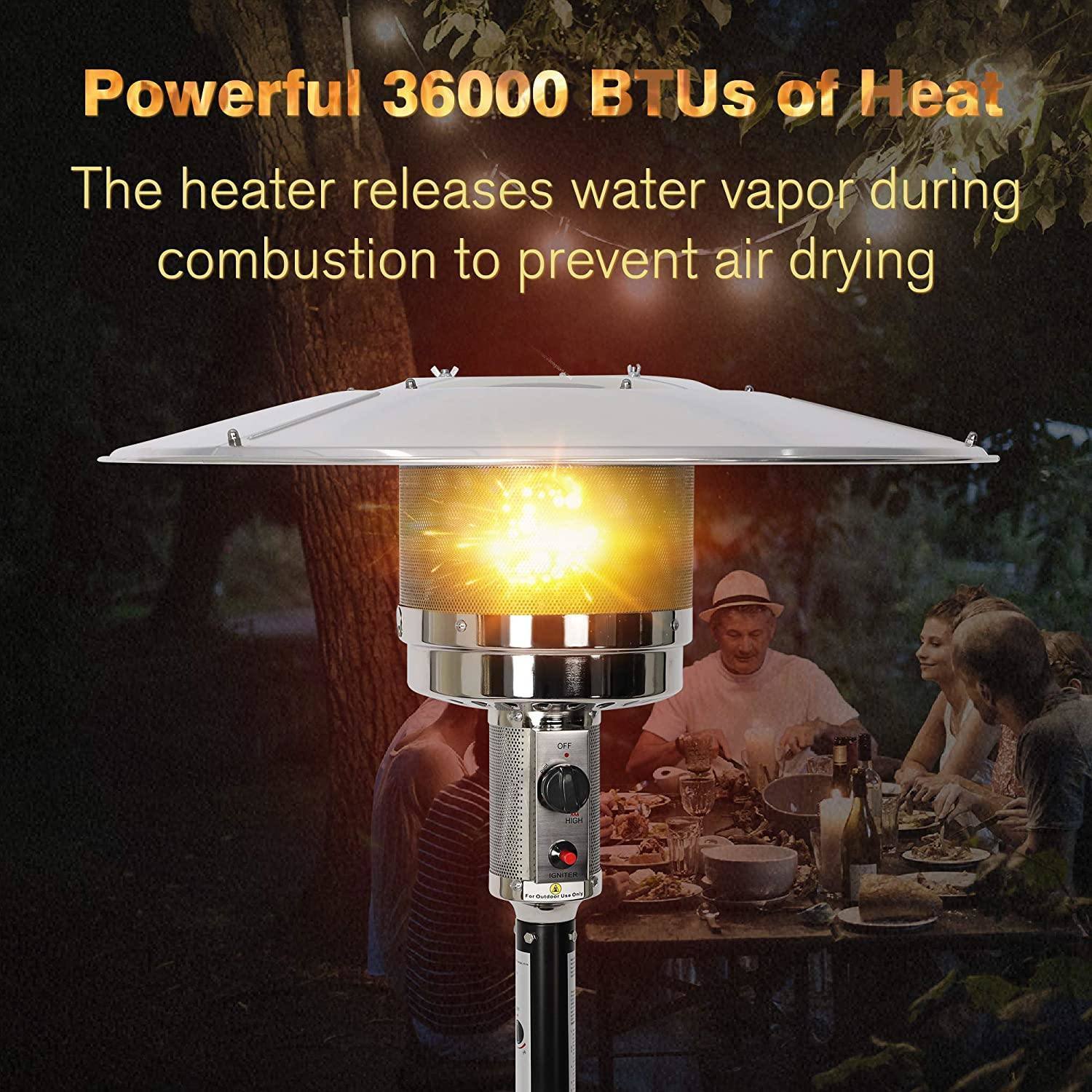 Bosonshop Outdoor Propane Heater with wheels, designed for efficient outdoor heating, featuring a stainless steel burner and adjustable heat output.