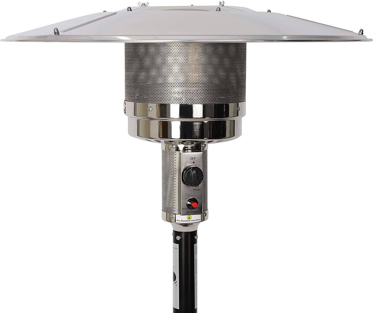 Bosonshop Outdoor Propane Heater with wheels, designed for efficient outdoor heating, featuring a stainless steel burner and adjustable heat output.