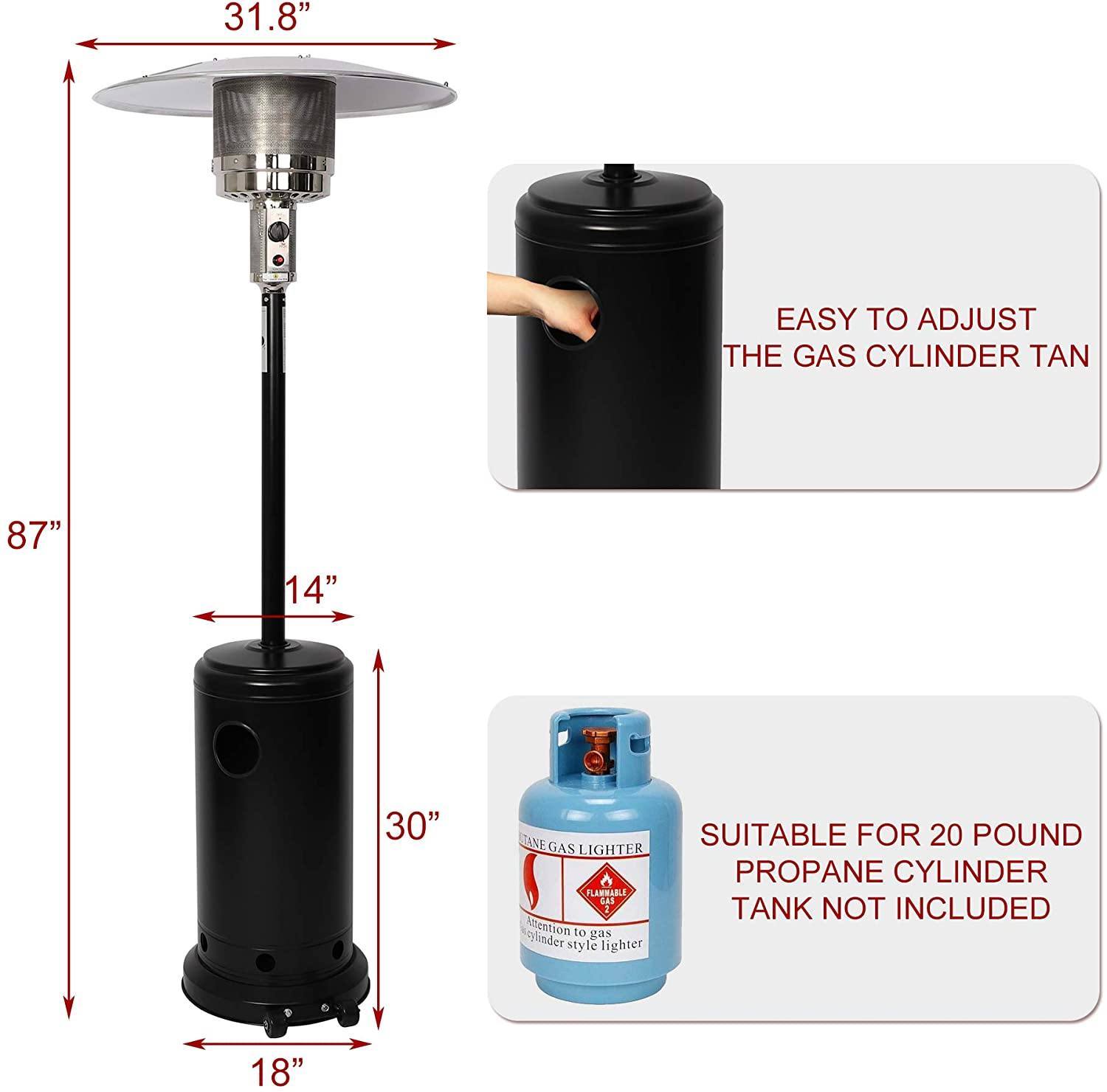 Bosonshop Outdoor Propane Heater with wheels, designed for efficient outdoor heating, featuring a stainless steel burner and adjustable heat output.