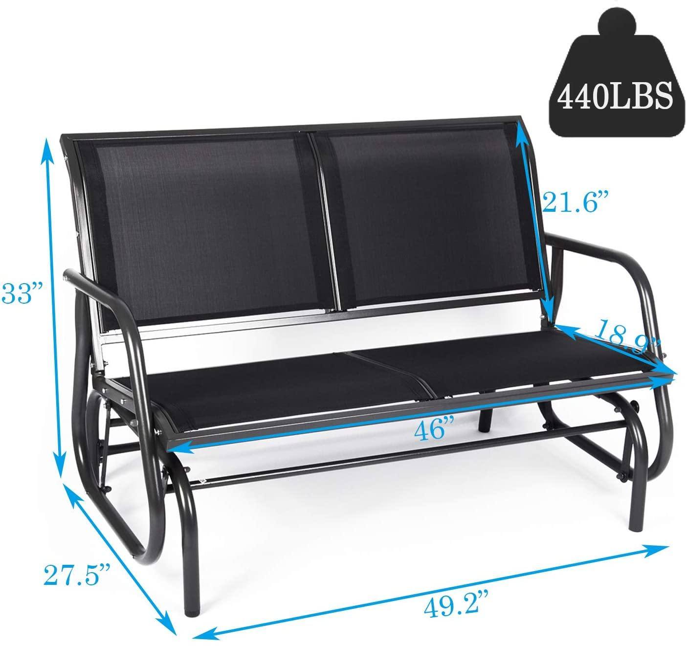 Bosonshop Outdoor Swing Glider Bench for 2 Persons featuring a dark gray mesh seat and sturdy steel frame, perfect for patio relaxation.