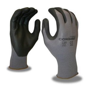 Conquest™ Nitrile Micro-Foam gloves with gray nylon/spandex shell and black palm coating, showcasing durability and grip.