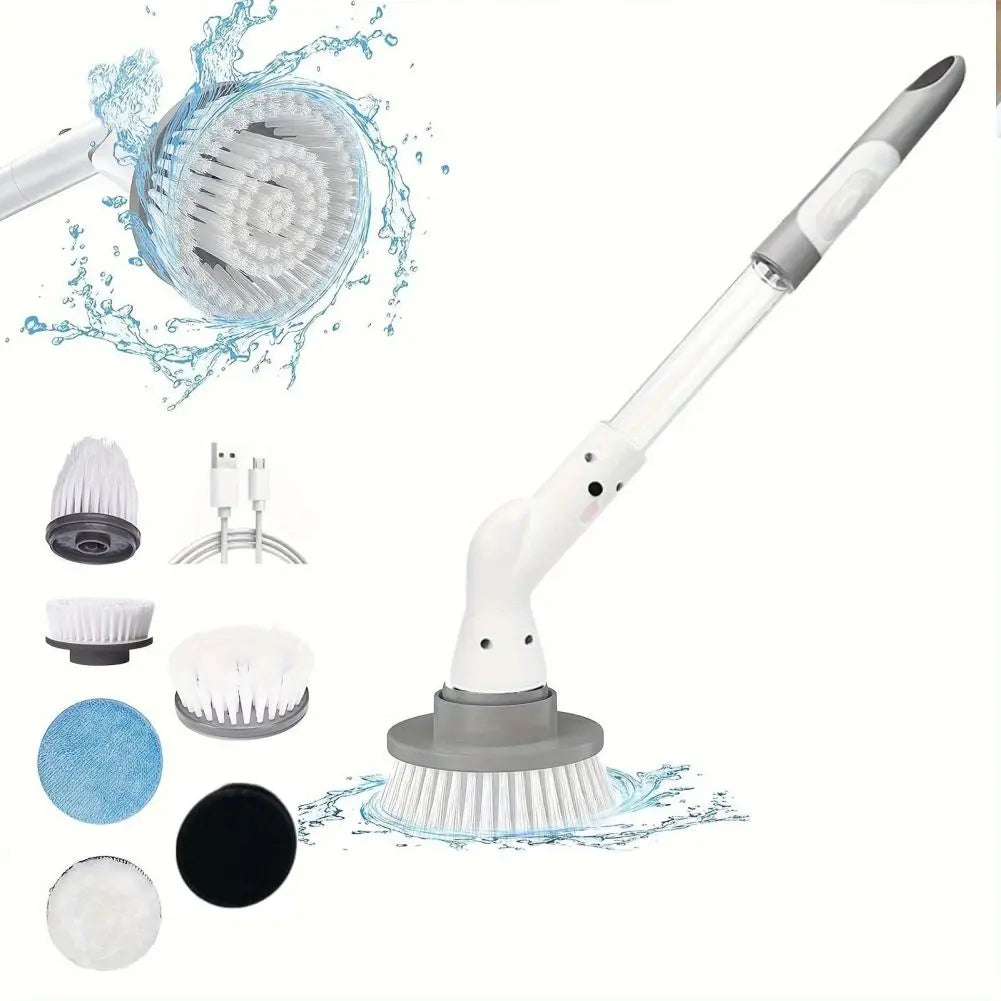 Electric Cleaning Brush with Long Handle featuring automatic rotation and multiple brush heads for versatile cleaning.