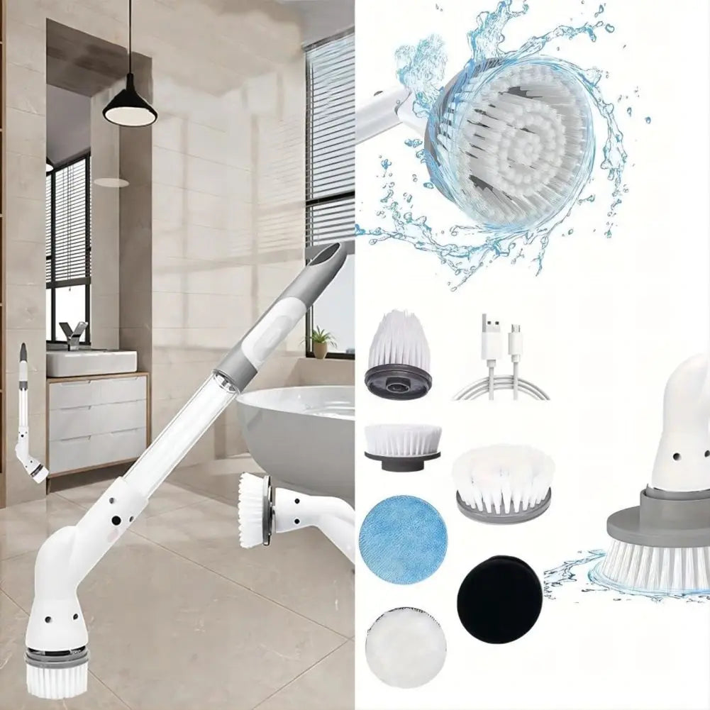 Electric Cleaning Brush with Long Handle featuring automatic rotation and multiple brush heads for versatile cleaning.