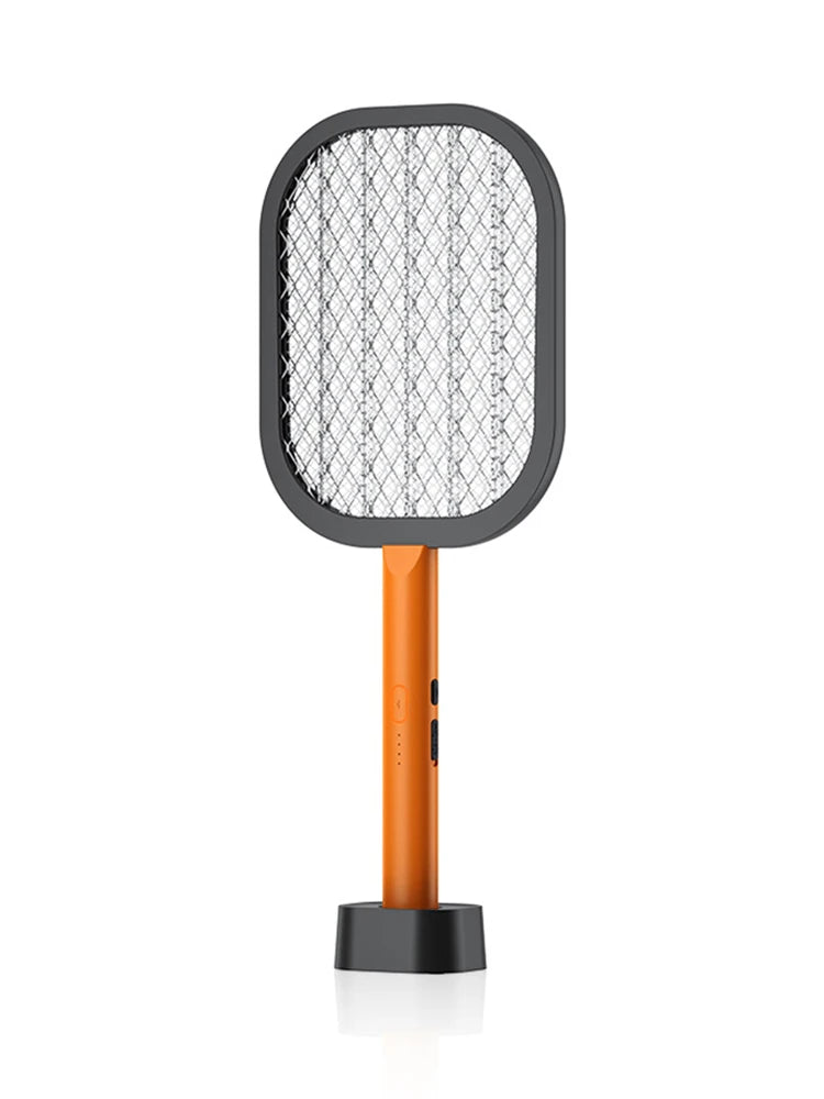 Electric Mosquito Swatter Mini Insect Racket in black and orange, showcasing its ergonomic handle and USB charging port.