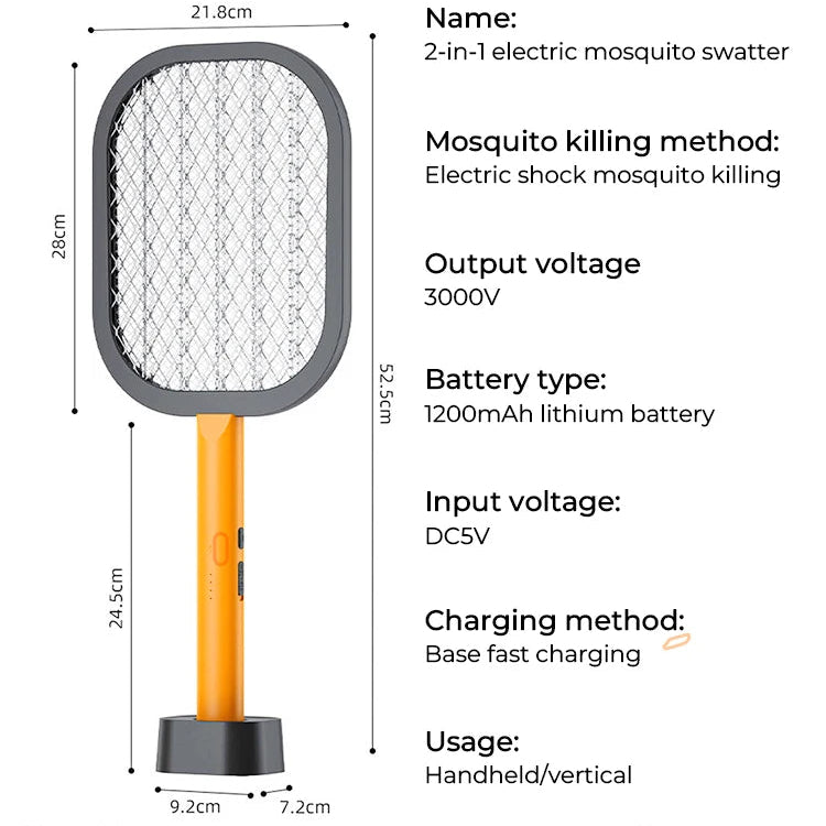 Electric Mosquito Swatter Mini Insect Racket in black and orange, showcasing its ergonomic handle and USB charging port.