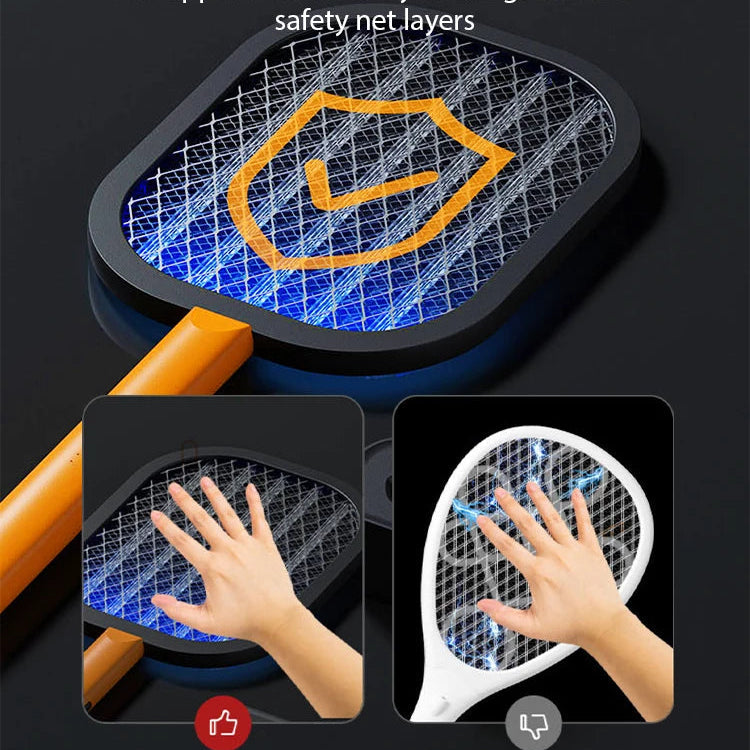 Electric Mosquito Swatter Mini Insect Racket in black and orange, showcasing its ergonomic handle and USB charging port.