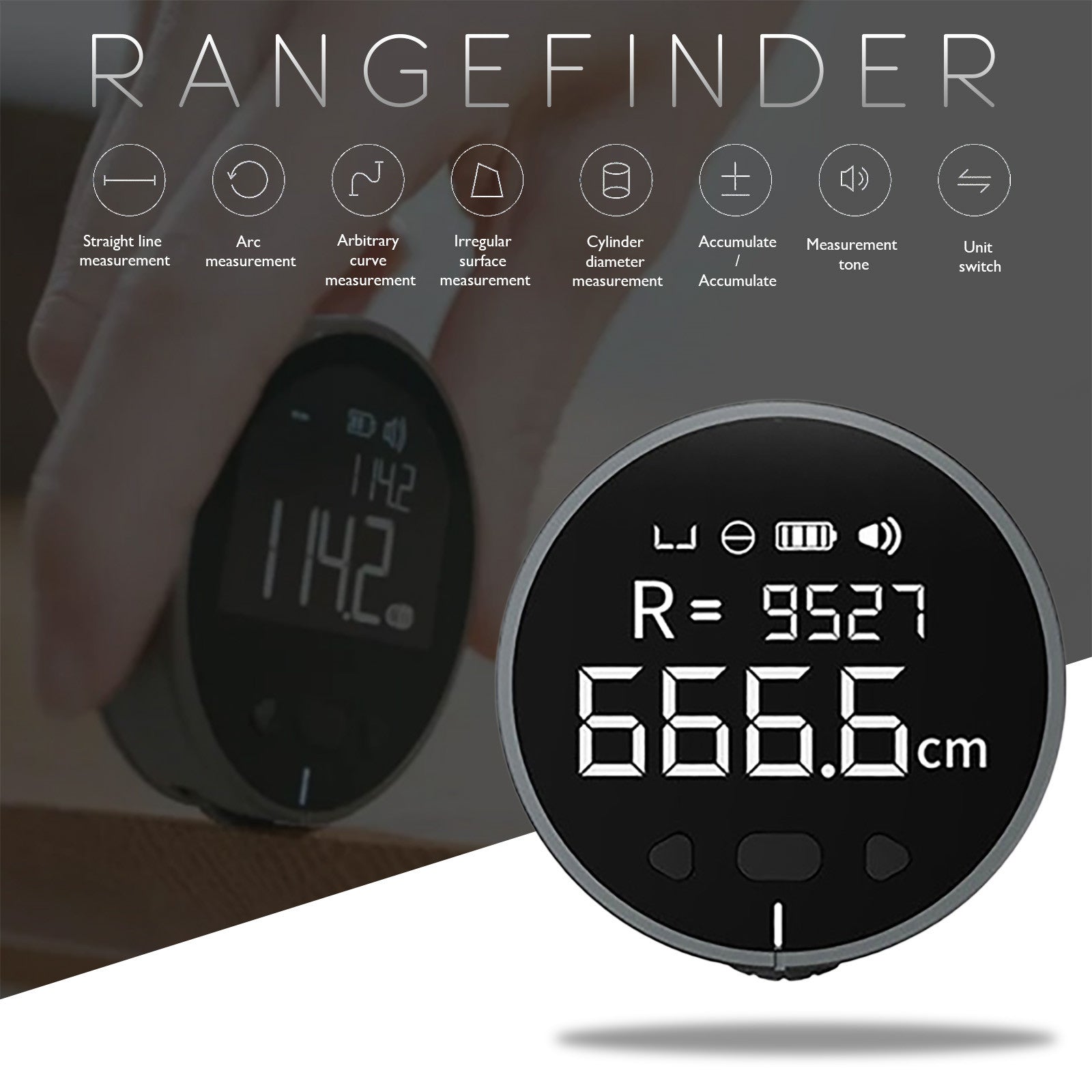 Electronic Ruler Rechargeable Rangefinder with a large screen, lightweight design, and LED display for easy measurements.