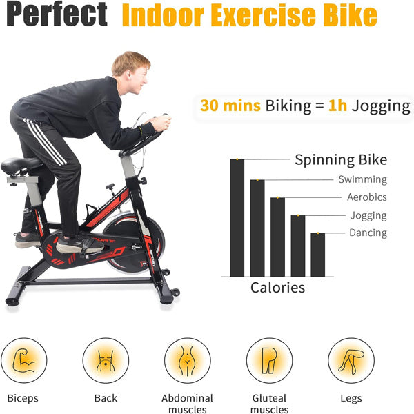 Exercise stationary bike with a 330 lbs weight capacity, featuring adjustable seat and handlebars, digital monitor, and transportation wheels for easy mobility.