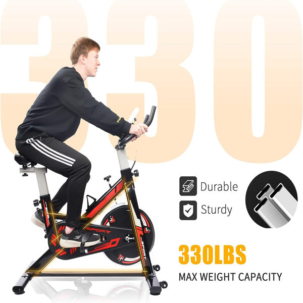 Exercise stationary bike with a 330 lbs weight capacity, featuring adjustable seat and handlebars, digital monitor, and transportation wheels for easy mobility.