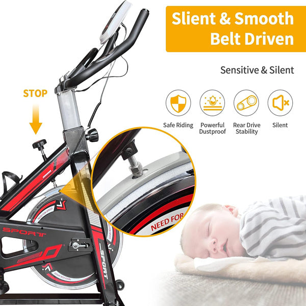 Exercise stationary bike with a 330 lbs weight capacity, featuring adjustable seat and handlebars, digital monitor, and transportation wheels for easy mobility.