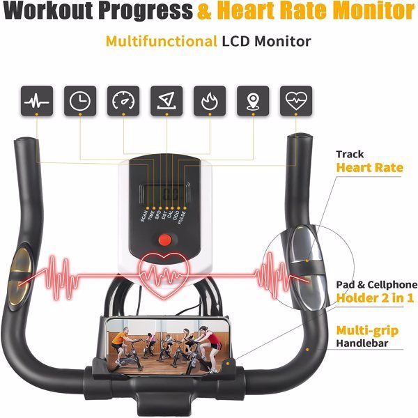 Exercise stationary bike with a 330 lbs weight capacity, featuring adjustable seat and handlebars, digital monitor, and transportation wheels for easy mobility.