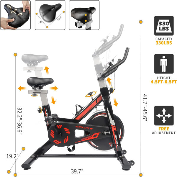 Exercise stationary bike with a 330 lbs weight capacity, featuring adjustable seat and handlebars, digital monitor, and transportation wheels for easy mobility.