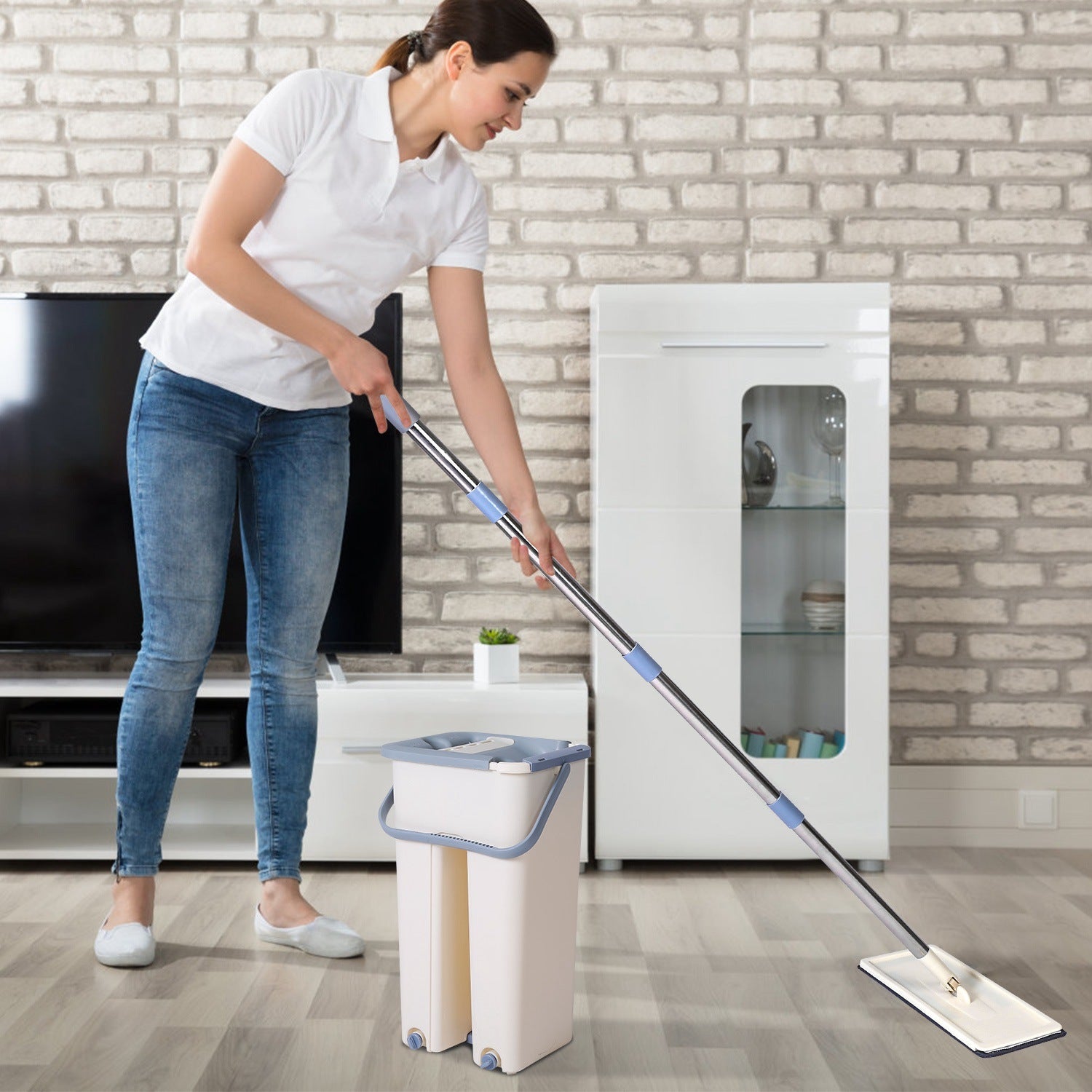 Flat Floor Mop Bucket Set featuring a 360-degree rotatable mop head, a dry and wet use bucket, and two microfiber mop pads, ideal for various smooth floor surfaces.