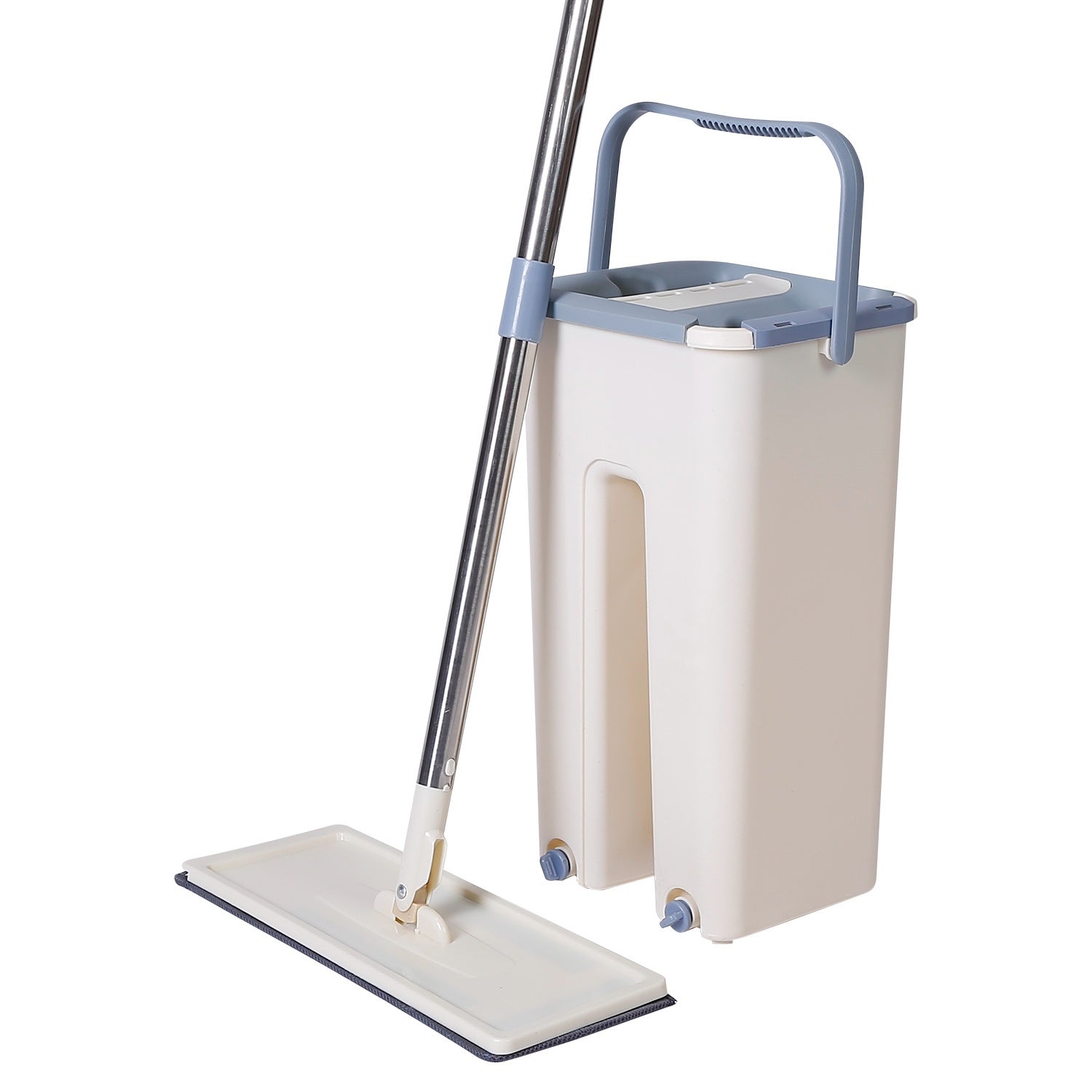 Flat Floor Mop Bucket Set featuring a 360-degree rotatable mop head, a dry and wet use bucket, and two microfiber mop pads, ideal for various smooth floor surfaces.