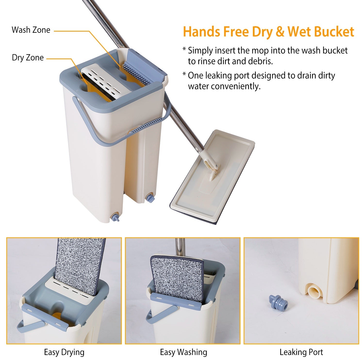 Flat Floor Mop Bucket Set featuring a 360-degree rotatable mop head, a dry and wet use bucket, and two microfiber mop pads, ideal for various smooth floor surfaces.