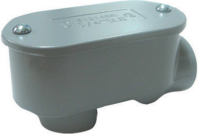 Gray electrical conduit outlet box.