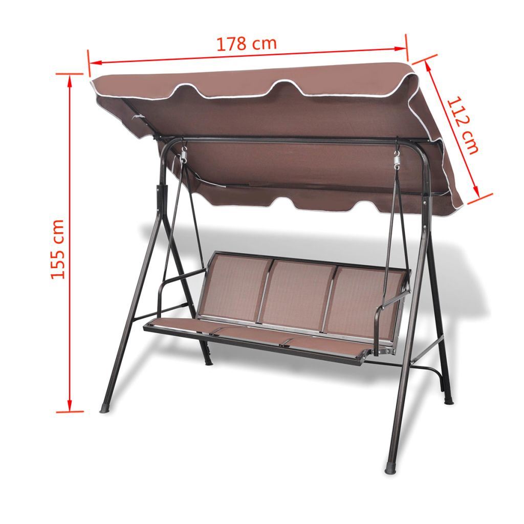 Garden Swing Bench with Canopy in Coffee color, featuring a sturdy steel frame and spacious seating for three, perfect for outdoor relaxation.