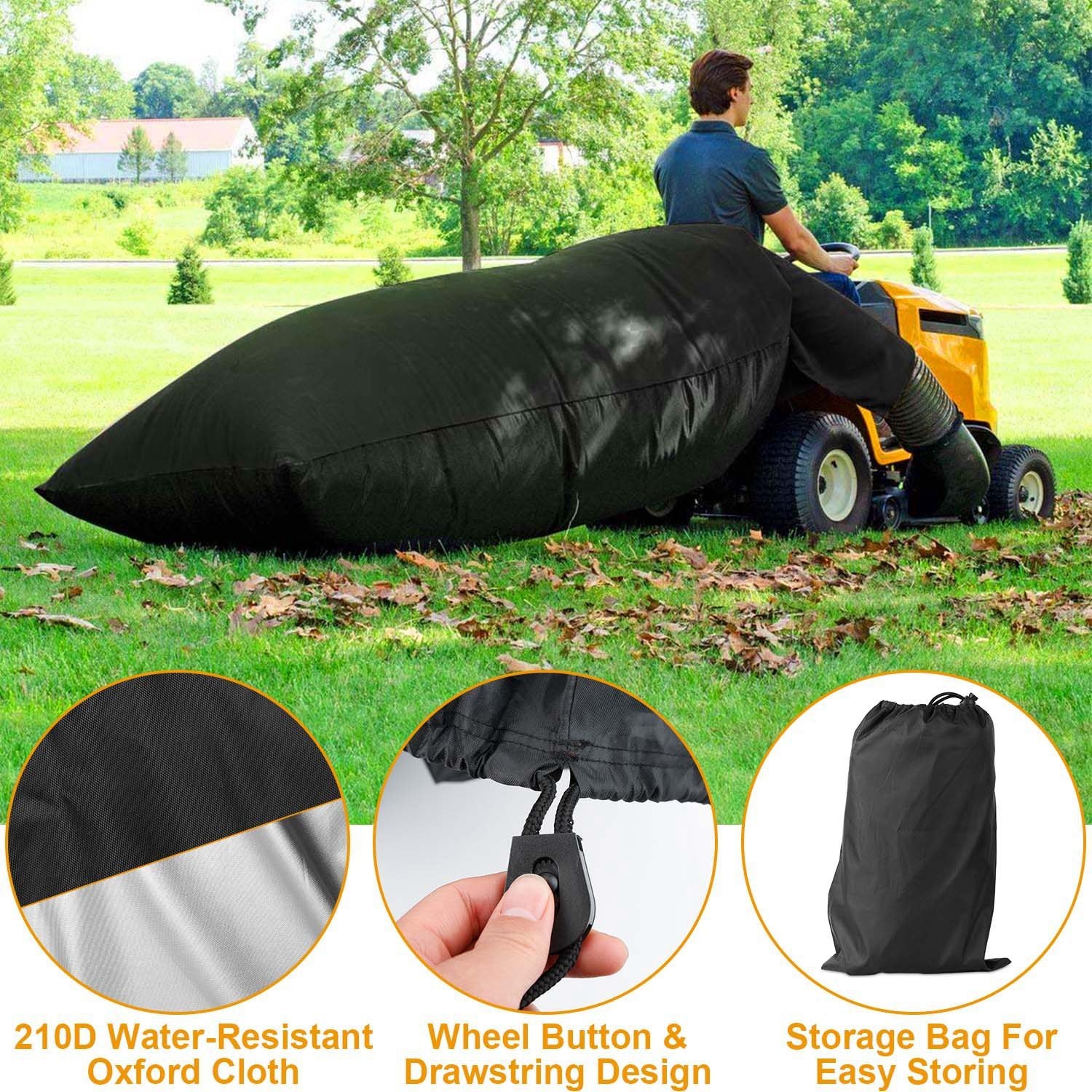 A large black Lawn Tractor Leaf Bag with a 54 cubic feet capacity, made from durable Oxford cloth, designed for efficient garden waste collection.