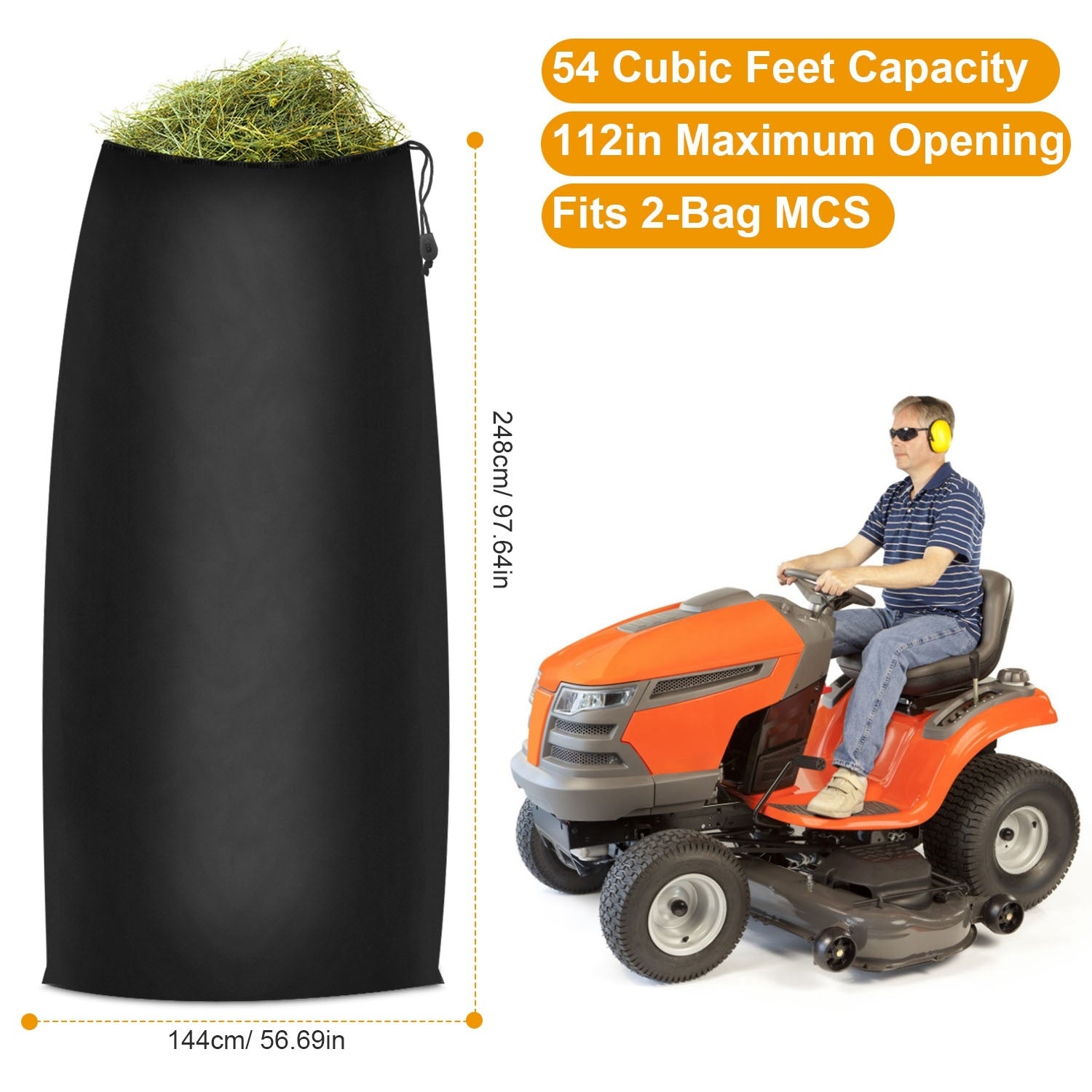 A large black Lawn Tractor Leaf Bag with a 54 cubic feet capacity, made from durable Oxford cloth, designed for efficient garden waste collection.